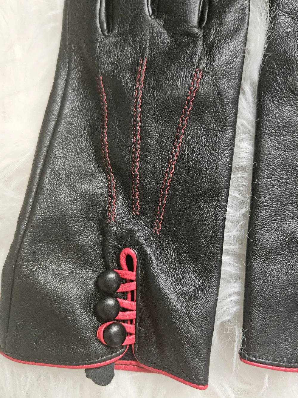 Black Leather Gloves with Red Trim, Size M